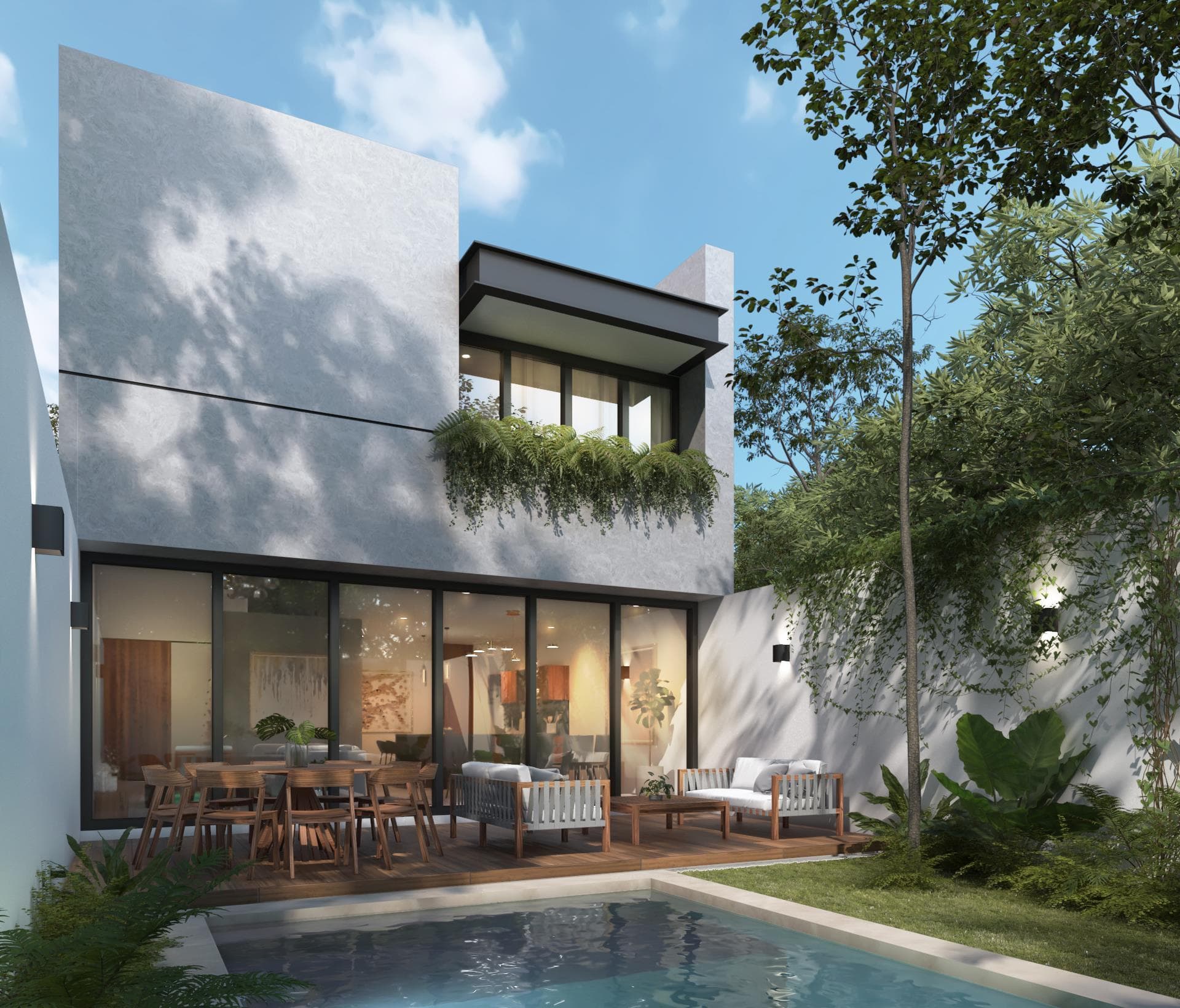 <p class="ql-align-justify"><strong style="color: rgb(31, 56, 100);">PLANTA BAJA:</strong></p><p class="ql-align-justify">· Vestíbulo y sala a doble altura</p><p class="ql-align-justify">· Cocina con barra desayunadora tipo isla con mesetas en granito más área de alacena.</p><p class="ql-align-justify">· Sala y comedor con vista doble al jardín.</p><p class="ql-align-justify">· Medio baño para visitas.</p><p class="ql-align-justify">· Amplia terraza.</p><p class="ql-align-justify">· Área de servicio.</p><p class="ql-align-justify">· Piscina de 4x3m iluminada. </p><p class="ql-align-justify">· Cochera techada para dos vehículos con piso de concreto estampado.</p><p class="ql-align-justify">· Acceso peatonal techado.</p><p class="ql-align-justify">· Área para jardín frontal.</p><p class="ql-align-justify">· Generoso jardín trasero.</p><p class="ql-align-justify"><br></p><p class="ql-align-justify"><strong style="color: rgb(31, 56, 100);">PLANTA ALTA:</strong></p><p class="ql-align-justify"><br></p><p class="ql-align-justify">· Recámara principal con vistas al jardín, con closet vestidor, amplio baño.</p><p class="ql-align-justify">· Recámara secundaria con closet y baño completo.</p><p class="ql-align-justify"><br></p><p class="ql-align-justify"><strong><em><u>Nota:</u></em></strong> Cocina completa (Paneles Inferiores y Superiores), Closets en las habitaciones, tres muebles de Baño, librero debajo escalera y closets de blancos.</p>