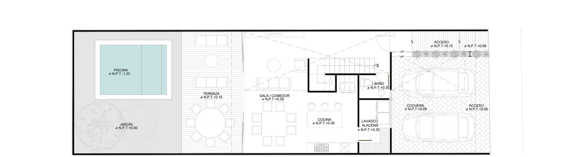 <p class="ql-align-justify"><strong style="color: rgb(31, 56, 100);">PLANTA BAJA:</strong></p><p class="ql-align-justify">· Vestíbulo y sala a doble altura</p><p class="ql-align-justify">· Cocina con barra desayunadora tipo isla con mesetas en granito más área de alacena.</p><p class="ql-align-justify">· Sala y comedor con vista doble al jardín.</p><p class="ql-align-justify">· Medio baño para visitas.</p><p class="ql-align-justify">· Amplia terraza.</p><p class="ql-align-justify">· Área de servicio.</p><p class="ql-align-justify">· Piscina de 4x3m iluminada. </p><p class="ql-align-justify">· Cochera techada para dos vehículos con piso de concreto estampado.</p><p class="ql-align-justify">· Acceso peatonal techado.</p><p class="ql-align-justify">· Área para jardín frontal.</p><p class="ql-align-justify">· Generoso jardín trasero.</p><p class="ql-align-justify"><br></p><p class="ql-align-justify"><strong style="color: rgb(31, 56, 100);">PLANTA ALTA:</strong></p><p class="ql-align-justify"><br></p><p class="ql-align-justify">· Recámara principal con vistas al jardín, con closet vestidor, amplio baño.</p><p class="ql-align-justify">· Recámara secundaria con closet y baño completo.</p><p class="ql-align-justify"><br></p><p class="ql-align-justify"><strong><em><u>Nota:</u></em></strong> Cocina completa (Paneles Inferiores y Superiores), Closets en las habitaciones, tres muebles de Baño, librero debajo escalera y closets de blancos.</p>